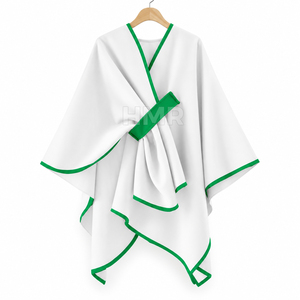 Poncho asymétrique HMR Sorority Sisterhood blanc avec bordure verte, col en V, manches chauve-souris, longueur midi, fermeture à ceinture, uni - Product Image 5