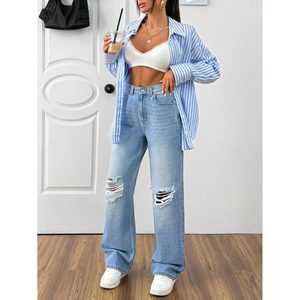 Jeans de mezclilla de corte recto y holgado, con efecto desgastado, azul hielo, 100% algodón, ecológicos, transpirables, ligeros, bonitos, vintage, de tiro alto - Product Image 3