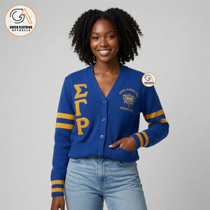 Sigma Gamma Rho Women's Blue Cardigan Sweater Greek Embroidery 100% Cotton Knitted Full Sleeve <b>Covered</b> <b>Button</b> Closure Winter - Product Image 4