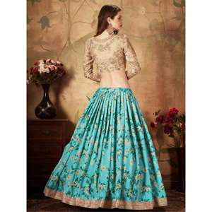Belle tenue de fête en organza imprimé numérique à fleurs bleu ciel Sabyasachi Lehenga Choli - Product Image 4