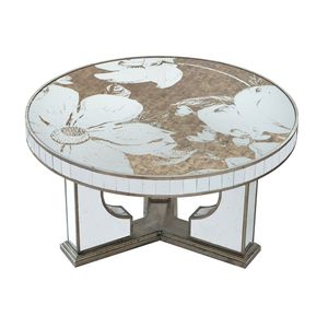 Elegant Floral Design 35.5x35.5x19\" Round <b>Coffee</b> <b>Table</b> with Mirrored <b>Silver</b> Finish - Product Image 1