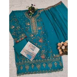 Conjunto de Top y Falda en Línea A, Color Rosa, Tela de Chifón Pesado con Bordado Floral, Cuello en V, para Bodas y Festivales - Product Image 4