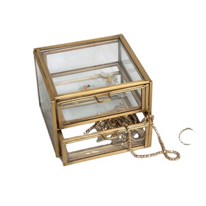 Cajas de Regalo de joyería de metal y vidrio, de dos bloques, decorativas, de latón moderno real, caja de joyería de metal, soporte de anillo y collar, caja con Ch - Product Image 1