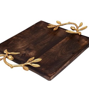 Luxury Dark Wood Serving Tray with Gold Leaf Handles - Solid <b>Walnut</b> Decorative Platter for <b>Coffee</b> <b>Table</b> Ottoman & Home Decor - Product Image 6