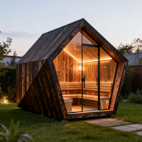 Cabine de sauna extérieure géométrique moderne, sauna en bois brûlé pour 4 à 6 personnes avec verre du sol au plafond et éclairage LED