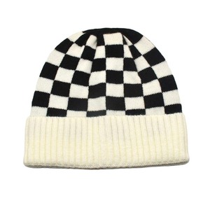 Unisex Checkered Beanie Hat Black White Green Ribbed Cuff Knit <b>Winter</b> <b>Cap</b> Adult 56-58CM Casual Style - Product Image 5