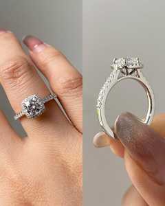 Bague de fiançailles Cushion Lab Grown Diamond Halo |   Bague personnalisée en or 14 carats ou en argent, certifiée IGI - Product Image 6