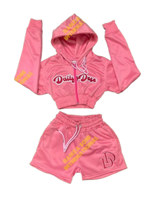Conjunto Deportivo de 3 Piezas para Mujer, Marca Daily Dose, Color Rosa, Felpa, Poliéster Elástico, Pantalones Cortos, Corte Regular, Estampado de Letras, para Todas las Temporadas - Product Image 1