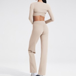 Pink 2 Piece Yoga Set V Neck <b>Crop</b> <b>Top</b> Full Length High Waist Leggings Seamless Breathable Spandex Polyester - Product Image 5
