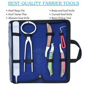 Kit complet d'outils de soin des sabots pour éleveurs équestres : Testeur de douleur au sabot, Râpe, Couteau à boucle pour l'évacuation des abcesses, Couteau à sabot à extrémité courbée en laiton - Product Image 2