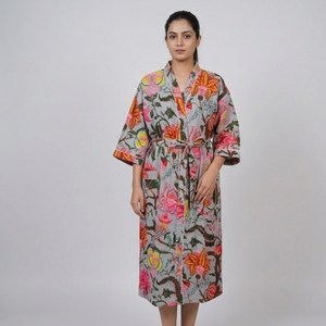 Bata Kimono de Algodón Gris con Estampado Floral, Ecológica, con Cuello en V y Cordón Ajustable, Ropa de Dormir de Manga Larga para Mujer, Ropa de Estar por Casa, Ropa Maria - Product Image 2