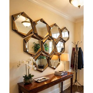 Sheesham Wood Hexagonal Wall <b>Mirror</b> Art Deco Geometric Wholesale India - Product Image 1