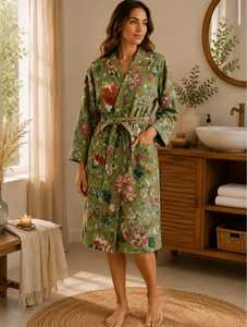 Floral Print Vintage Sexy Soft Women's 100% Cotton <b>Waffle</b> Texture Kimono <b>Bathrobe</b> Full Length Drawstring Cinched Waist Lounge - Product Image 3