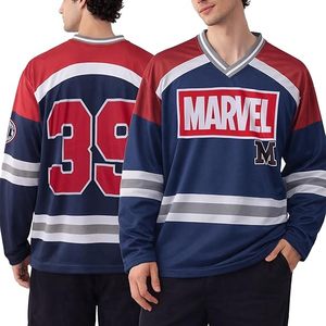Camiseta de hockey Marvel, roja, azul, blanca, con cuello en V, manga larga, poliéster, personalizada con el número 39 - Product Image 1