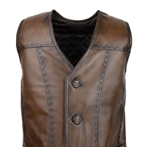 Gilet Homme 100% Cuir Véritable Marron Col V Simple Boutonnage Fermeture Éclair Décontracté Style Urbain Hiver - Product Image 1