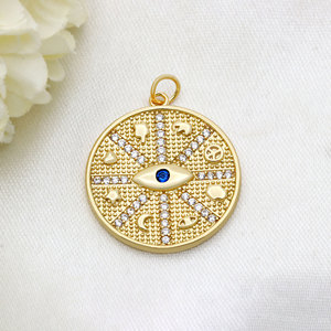 Pendentif Breloque Rond Œil Bleu en Argent Sterling 925 Plaqué Or avec Zircon, Vente en Gros Usine |   Accessoires pour la fabrication de bijoux - Product Image 2