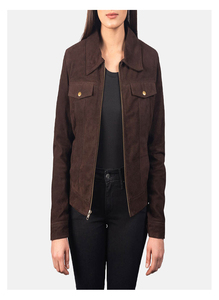 Women's brawn Genuine Leather Moto Jacket Full Sleeve <b>Zipper</b> Closure Stand Collar Autumn Style - Product Image 4