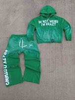 Ensemble sweat-shirt à capuche vert pour femme, streetwear 2 pièces, manches longues, en coton tricoté uni avec strass, coupe ample, printemps
