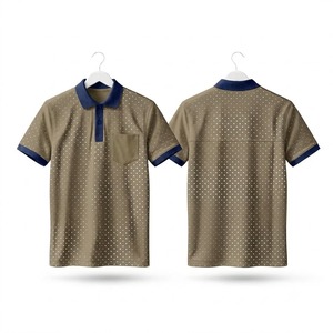 เสื้อโปโลผู้ชายสั่งทำสีกากีกรมท่าลายจุดพร้อมกระเป๋า ขอบสีดำเรียบหรู แขนสั้น ผ้าฝ้าย เสื้อกอล์ฟฤดูร้อน - Product Image 1
