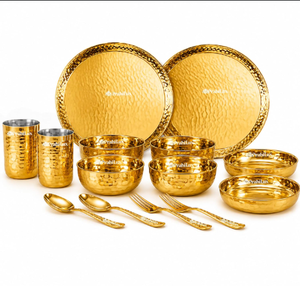 Service de table en acier inoxydable PVD doré, écologique, tricoté, 14 pièces, luxe, design, comprenant couverts, bol Thali, assiette, verre, cuillère, fourchette - Product Image 5