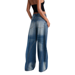 Jean en denim délavé vintage pour femme, coupe mi-large, respirant, décontracté, ample, longueur intégrale, bleu délavé, coupe droite, pantalon tendance - Product Image 2