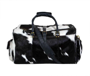 Sac de voyage en cuir véritable de vachette noir et blanc avec poils, style vintage western, sac de week-end, sac de voyage, sac à bagages - Product Image 4