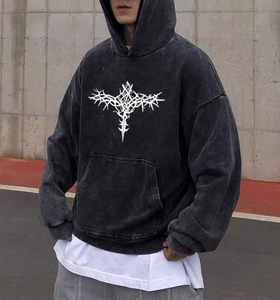 Unisex Y2K Acid Wash <b>Gothic</b> Graphic <b>Hoodies</b> Oversize Grunge Skull Wing Print Sweatshirt Casual Fit Pullover - Product Image 4