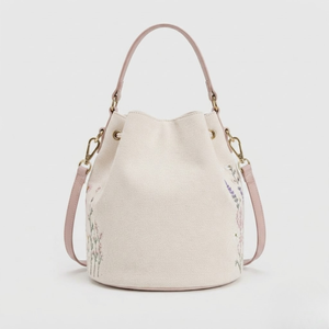 Floral Embroidered Cotton Canvas Bucket <b>Bag</b> Eco Friendly <b>Cream</b> Shopping <b>Bag</b> Pink Leatherette Trim Crossbody Handbag - Product Image 5