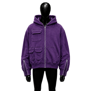 Sudadera con capucha morada extragrande al por mayor, estilo urbano con cremallera frontal y bolsillos, diseño transpirable de felpa francesa, ideal para otoño. - Product Image 1