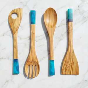 Ustensile de cuisine écologique en bois d'olivier de qualité supérieure avec manche en résine bleue, cuillère de cuisine faite à la main, outils de service, lavage à la main uniquement - Product Image 3