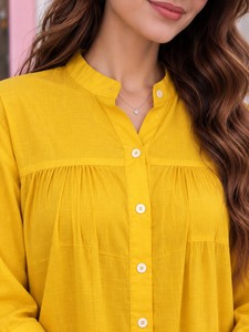 Women's Yellow Linen Blouse <b>Mandarin</b> <b>Collar</b> Three Quarter Sleeve Button Down Casual Loose Fit Spring Summer Top - Product Image 6