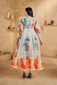 AARYA 2026 Verano Nuevo Vestido Casual de Moda con Estampado Floral, Lavable, de Organza, Cuello Cuadrado, Largo hasta la Rodilla, Mangas Abullonadas, Estilo Western - Product Image 3