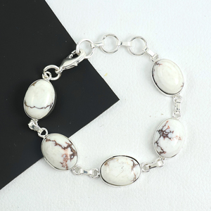 Wholesale Natural White Buffalo Turquoise Opaque <b>Stone</b> 925 Sterling Silver Link <b>Bracelet</b> Handmade Designer Oval Multi-<b>Stone</b> - Product Image 1