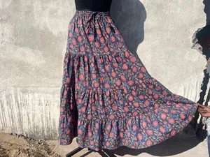 Boho Maxi <b>Skirt</b> for Women Block Print Cotton Dress Handmade Gypsy Tiered Design <b>Elastic</b> Waistline Embroidered Breathable - Product Image 5