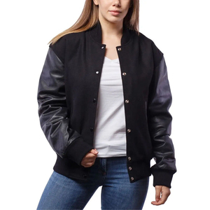 Chaqueta Varsity Negra para Mujer, de Alta Calidad, con Mangas a la Moda, Cuello Alto, Cierre de Botones, para Otoño, Corte Regular - Product Image 3
