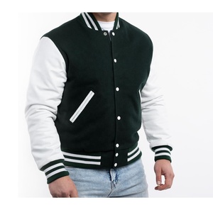 เสื้อแจ็คเก็ตเบสบอลแบบ Letterman สำหรับผู้ชาย ตัวเสื้อทำจากผ้าขนสัตว์ แขนเสื้อทำจากหนังแท้ สไตล์วิทยาลัย พร้อมโลโก้ปัก - Product Image 3