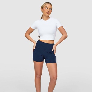 Women's White Crew Neck Short Sleeve Crop Top With High Waist <b>Navy</b> Set Casual All Seasons Sportswear - Product Image 1