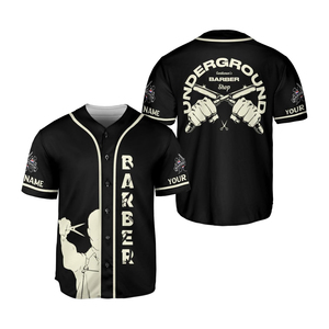 Maillot de barbier personnalisé avec logo, nom personnalisé et design de salon de coiffure, couleur noir et crème, matière polyester - Product Image 6