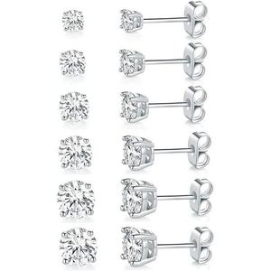 Orecchini a Perno Placcati in Oro Bianco con Zirconia Cubica Trasparente Rotonda da 4mm, Set di 6 Paia - Elegante Confezione da 6 Paia - Product Image 1