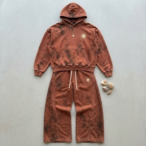 Conjunto de Sudadera con Capucha y Pantalones Anchos de Pierna Recta para Mujer, Color Marrón Oxidado, Estilo Casual Urbano, Dos Piezas - Product Image 6