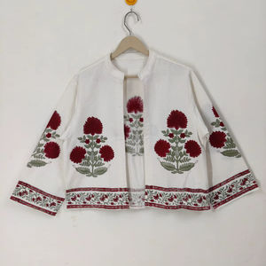 Blouson Bomber Floral Imprimé à la Main, Motif Fleur Rouge, Coton Bohème, Hiver, Réversible, Écologique, Unisexe, Femme, Manches Courtes, Col Étendu - Product Image 1