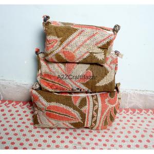 Juego de Bolsas Kantha Acolchadas Hechas a Mano con Borlas y Cremallera, Personalizadas, de Algodón Artesanal, Organizador de Cosméticos de Viaje, Colores Variados - Product Image 1