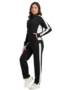 Ensemble de survêtement sport décontracté pour femme, noir et blanc, avec sweat à capuche zippé et pantalon, en polyester respirant, idéal pour l'automne - Product Image 1