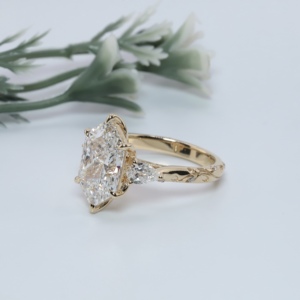 Vintage Yellow Gold Elongated Hexagon Cut Lozenge Lab Grown <b>Diamond</b> Engagement <b>Ring</b> Three Stone Pear Accent Engraved Anniversary - Product Image 4
