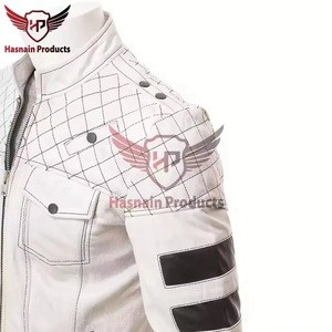 Mens Real White <b>Leather</b> <b>Jacket</b> Slim Fit Biker Motorcycle Quilted Shoulder Cowhide Coat Custom Classic Fashion Outerwear New Wear - Product Image 4