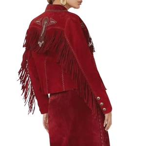 Red <b>Suede</b> Fringe <b>Leather</b> <b>Jacket</b> | Women's Western Cowboy & Boho Rodeo Studded Coat High-Volume Southwestern Apparel & Fringe Out - Product Image 2