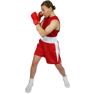 Wholesale Red & White Boxing Singlet & Shorts Set with <b>Stretch</b> Breathable Lightweight 100% Polyester for Competition - Product Image 1