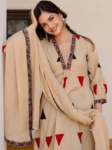 Kalamkari Print Pure Cotton Top Pant With Cotton Dupatta Decorated Designs And Hand Jari Weaving Jacquard With Neck Work Set - Product Image 3