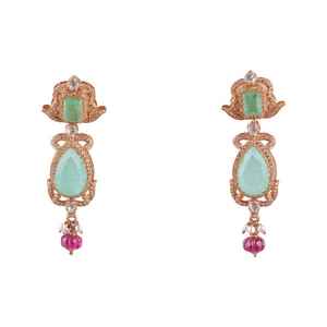 Boucles d'oreilles pendantes artisanales en argent sterling vert avec pierres, style Kundan indien traditionnel, bijoux de mariée et de fête raffinés - Product Image 2