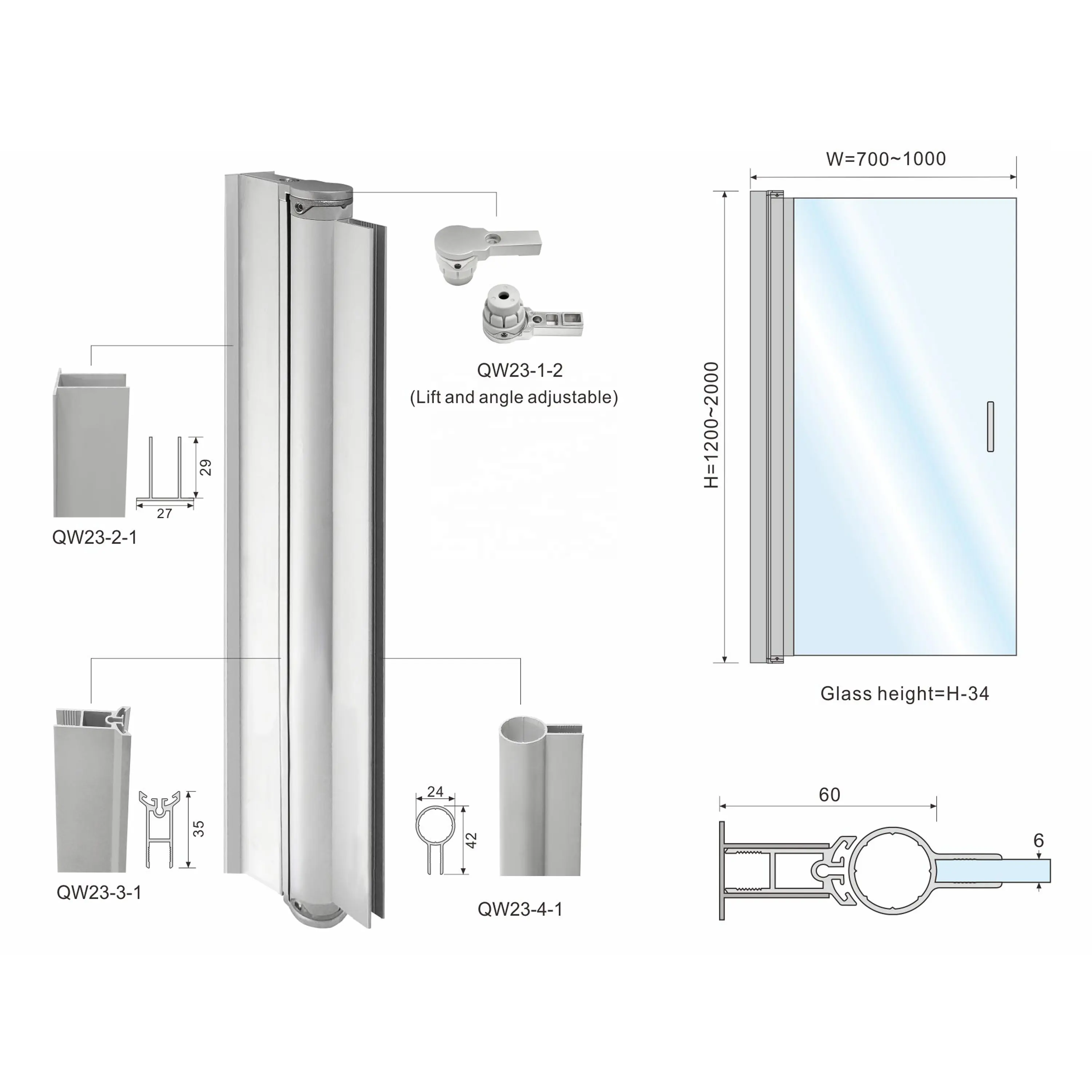 Hiện đại ngắn gọn có thể điều chỉnh gấp toughed Glass 35kg nhôm tắm tắm trang trí màn hình bản lề